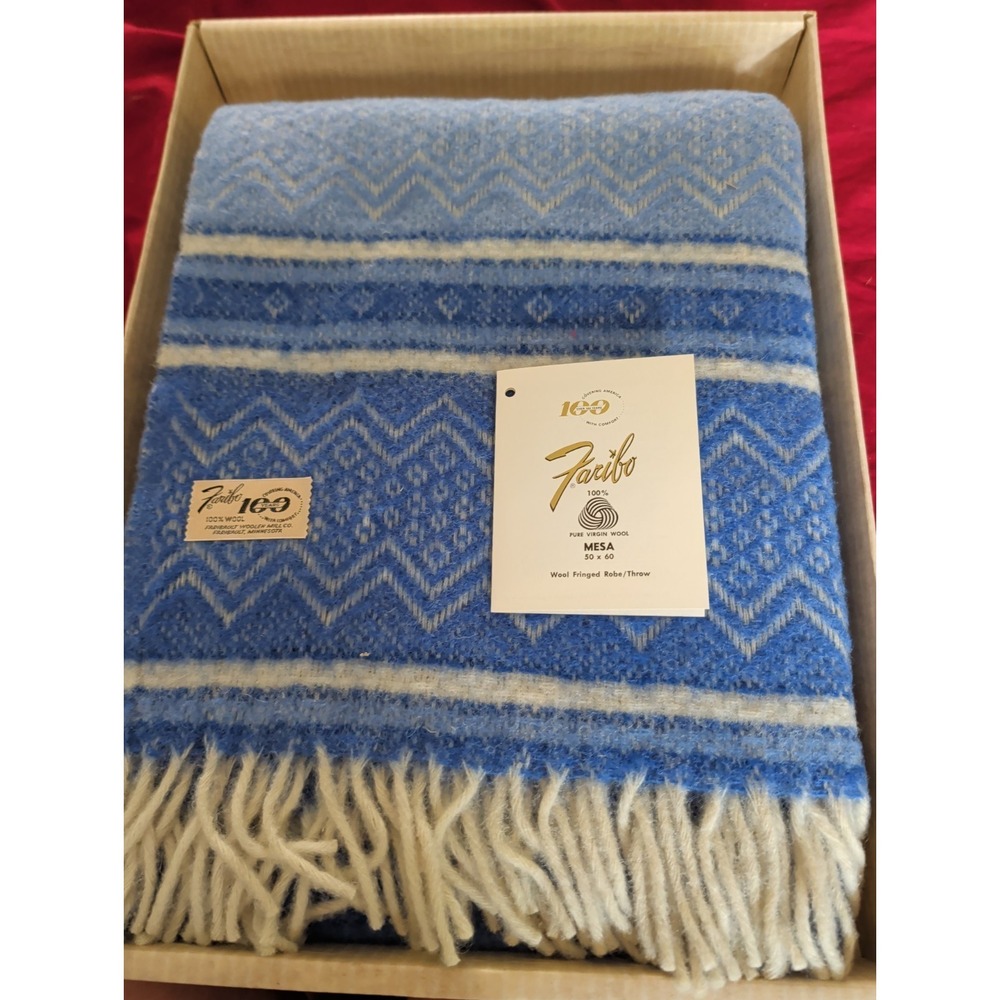Vintage Faribo 100%Virgin Wool Fringed Robe Throw Mesa 50 x 60 Blue  NIB.